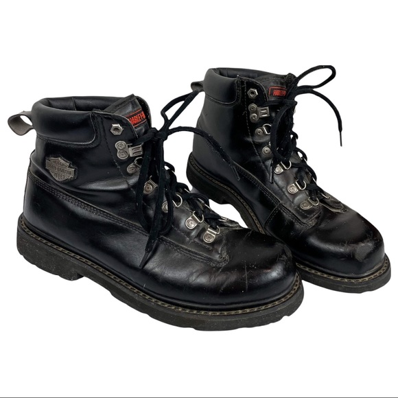 Harley Davidson Black Leather Steel Toe Safety Work Boots Lace Up